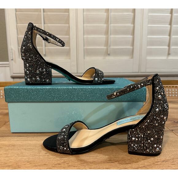 Betsey Johnson Blue SB-Mari Dressy Heels Black Rhinestones Size 5 Wide NIB - Picture 9 of 14